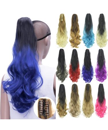 IMISSU Long Curly Ombre Color Claw Ponytail Hair Extensions Ponytail Clip in Hairpiece (Ombr Blue)