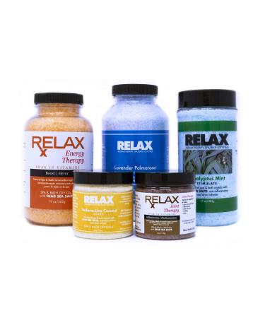 Dead Sea Salt Bath Soak Aromatherapy Crystals | 5 Pack Luxury Gift Set | All Natural Pain & Stress Relief Therapy For Hot Tub and Jacuzzi | Vitamin Infused Epsom Salts for Soaking by Relax Spa & Bath