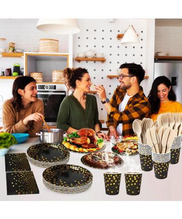 Black and Gold Party Supplies 352 Pcs Disposable Dinnerware Gold Dot Paper Plate Napkin Cup Cutlery Tablecloth Banner for Birthday Graduation Wedding Christmas Party(50 Guest) - Buy Online on GoSupps.com