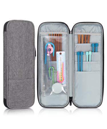 Katech Knitting Needles Case Portable Travel Crochet Hooks Storage Bag Organizer Empty Zipper Bags with Transparent Pocket and Holder Slots for Carrying Crochet Accessories and Knitting Needles (Grey)