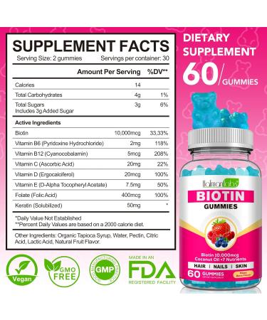 Biotin Hair Growth Gummies 10,000mcg - Chewable Supplement for Healthy Skin, Hair & Nails - Vitamins for Growth and Hair Loss with Coconut Oil - 60 Count - Buy Online on GoSupps.com
