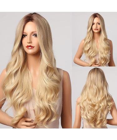 Blonde Ombre Wavy Wig with Dark Roots - Long Curly Synthetic Hair for Women - Heat Resistant Natural Looking Wig for Halloween/Party/Cosplay - Buy Online on GoSupps.com