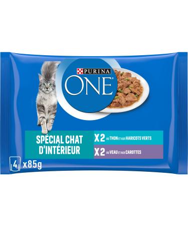 PURINA ONE Indoor Cat Tapered in Sauce Assorted Flavors Veal and Tuna Meal Bags for Adult Cats 4x85g | Pack of 12