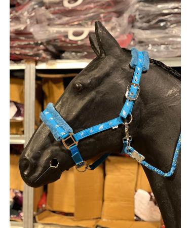 Equipride Horse Print Faux Lined Nylon Headcollars with Matching Lead Rope Baby Blue (Shetland)
