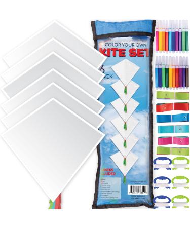 Hapinest DIY Color and Make Your Own Kite Kit for Kids | Easy to Fly Kites Outdoor Toys and Activities for Boys and Girls Ages 4 5 6 7 8 9 10 11 12 Years Old and Up Blank White - 6 Pack