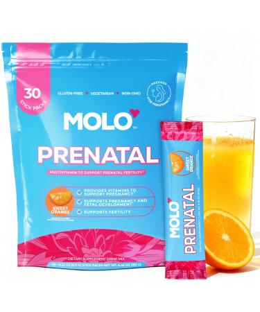 MOLO Prenatal Multi-Vitamin Drink Mix for Women Packed with essential vitamins & antioxidants DHA Omega-3 Methylfolate 30 Stick Packs with Sweet Orange Flavor Vegetarian Gluten-Free & Non-GMO