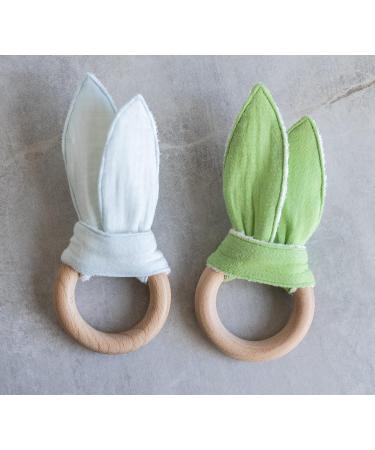 Organic Muslin Bunny Ears Baby Teether with Crinkle Paper and Wooden Teething Ring - Mint Green | Gender Neutral Newborn Teething Toy - Buy Online on GoSupps.com