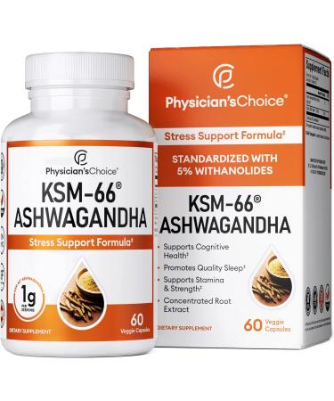 KSM-66 Ashwagandha Root Powder Extract, High Potency 5% Withanolides, 1000mg of Clinically Studied KSM66 & Black Pepper, Stress Support & Wellbeing - Vegan, Non-GMO, 60 Capsules
