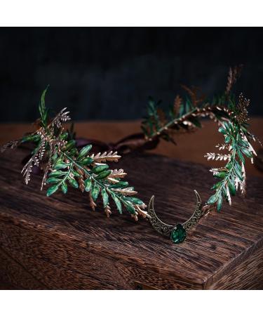 MOSTORY Handmade Moon Leaf Headband Woodland Fairy Crown Headpiece for Wedding Bridal Dark Green Elven Circlet for Women Cosplay Costume Accessory Renaissance Halloween Party Golden Green - Buy Online on GoSupps.com