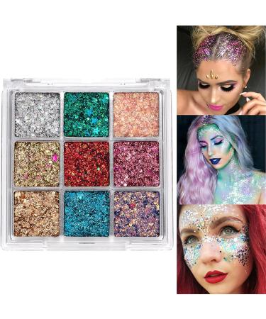 MIESCHER Colorful Glitter Eyeshadow Palette 9 Colors Shimmer Sparkle Waterproof Professional Eyeshadow Lip Face Eye Glitter Flashing Stage Eye Makeup Long Lasting High Pigmented Diamond Eye Shadow Powder 03