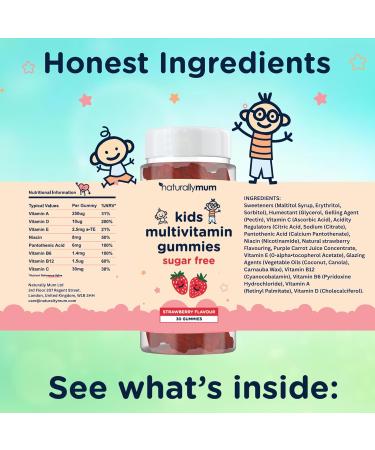 NaturallyMum Kids Multivitamin Gummies | for Children | Vegan Friendly | 30 Chewable Gummies | with Vitamins A D E B6 B12 C | Sugar Free | Strawberry Flavour | 30-Day Supply - Buy Online on GoSupps.com