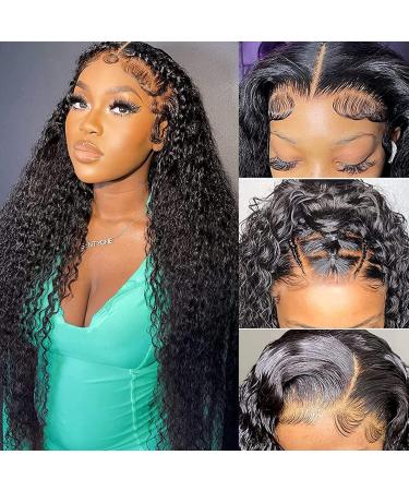 ZLIKE 26inch Wet And Wavy 13x6 Transparent Lace Front Wigs Human Hair Water Wave HD Lace Frontal Wigs Pre Plucked 150% Density Glueless Brazilian Curly Human Hair Wig Natural Black 26 Inch 13x6 lace wig black color