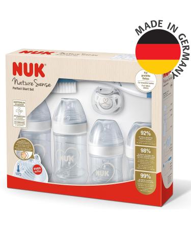 Nuk Nature Sense Baby Bottles Starter Set | 0-18 Months | Anti-Colic BPA-Free | 9-Piece Gray & White Set with Pacifier & Bottle Brush - Buy Online on GoSupps.com