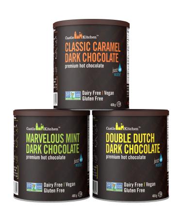 Castle Kitchen Natural Hot Chocolate Mix Variety Pack (42 Oz) - Dairy-Free, Vegan Complete Mixes - Just Add Water - Pack of 3 (Classic Caramel, Double Dutch, Marvelous Mint Dark Chocolate) 14 oz Each Caramel, Mint, Dark Chocolate