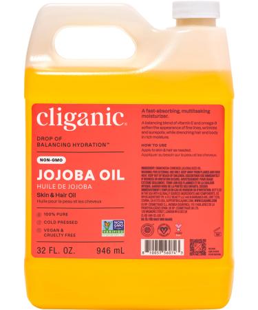 Cliganic Non-GMO Jojoba Oil Bulk 32oz 100% Pure - Natural Cold Pressed Unrefined Hexane Free Oil for Hair & Face