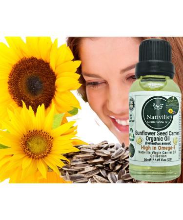 Nativilis Organic Sunflower Seed Carrier Oil (Helianthus annuus) Omega 6 Hair Face & Skin - Natural Cold Pressed - Non-comedogenic - Promotes Moisture Retention in Skin and Hair Acne-Prone Copaiba