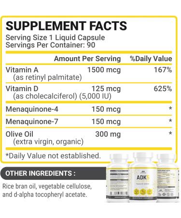 ALPHA RISE ADK Vitamin Supplement + Olive Oil for Better Absorption | ADK 5 Supplement with Vitamin A D and K | 5000 iu of Vitamin D3 + K2 (MK7+MK4) | 90 Liquid Capsules | Vegetarian | Non-GMO - Buy Online on GoSupps.com