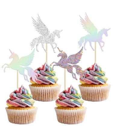Gyufise 24Pcs Unicorn Cupcake Toppers Wing Unicorn Laser Silver Glitter Unicorn Horn Cupcake Picks for Baby Shower Birthday Wedding Engagement Party Cake Decorations Supplies