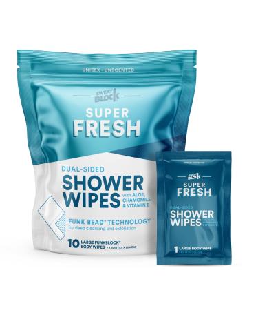 Super Fresh FunkBlock Shower Wipes - Large Body Wipes for Hygiene, Camping Wipes, Gym & Travel. No Rinse Bathing Wipes with Aloe & Vitamin E. Unscented. Bag of (10) Individually Wrapped Wipes 10 Wipes - Buy Online on GoSupps.com