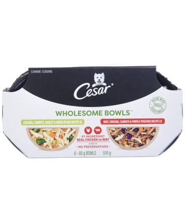 CESAR Wholesome Bowls Wet Dog Food Chicken Carrots Barley & Green Beans - Beef Chicken Carrots & Purple Potato 6x85g Variety Pack Chicken - Chicken & Sweet Potato 85 g (Pack of 6)
