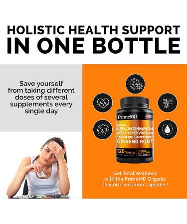 Organic 5-in-1 Ceylon Cinnamon Capsules with Apple Cider Vinegar, Turmeric, Ginseng Root & Bioperine - 2355mg Supplement (120 Count) - Buy Online on GoSupps.com