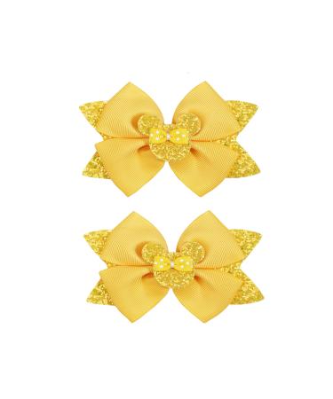 2 pcs 4.5Mouse Ears Hair Bows Clips for Kids Baby Girls Women  Glitter Party Princess Decoration Cosplay Birthday Christmas Party.(FJ40) (Yellow)