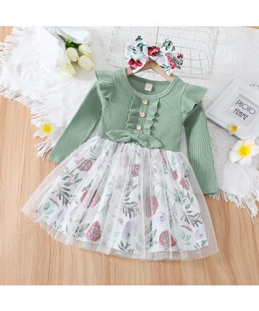 Haokaini Toddler Baby Girls Floral Dress | Long Ruffle Sleeve | Cotton Ribbed | Bow Splicing | Princess Tutu Skirt | Fall Clothes Set | 18-24 Months | Green - Buy Online on GoSupps.com