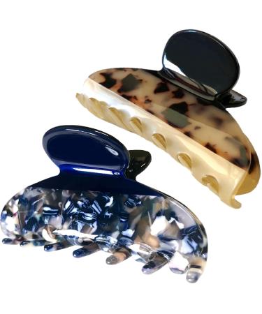 YOU BEAUTIFUL 2 Pack Exquisite Hair Claw Clips 3.1 Strong Hold Celluloid Acetate Jaw Clamps and Clips for Women Trendy Color Block Hair Clip Protective Jewelry Bag Included (BlueLeopardPak)
