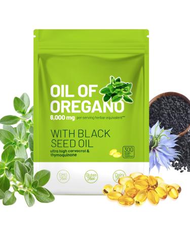 Crobirware Oil of Oregano with Black Seed Oil 6000mg 300 Softgels - 2-in-1 Immune Support Supplement - High Carvacrol & Thymoquinone Digestive & Respiratory Health - Non-GMO GMP Certified Facility