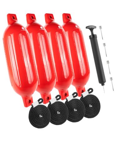 Five Oceans Boat Fenders, 4 Pack Marine Inflatable Ribbed Boat Bumpers for Docking, 4 Ropes Lines 3/8 Inch, Inflator Pump and 4 Needles for Pontoon, Fishing Boats, Bass Boats, Sport Boats, Sailboats 4.5 x 16 Inch Red