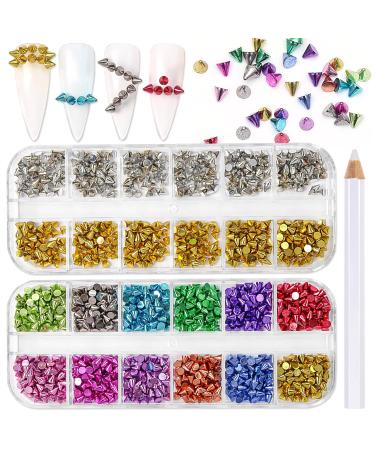 2 Boxes Metal Spike Studs Alloy Gold Silver Cone Nail Charms Colorful Spike Studs Nail Charms for Nails Flat Base Punk Cone Nail Rivets with Picker Pencil for Women Nail Art