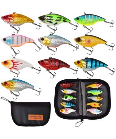 NOBONDO 10 PCS Lipless Crankbait Fishing Lures for Saltwater Freshwater with Portable Bag - 3/5 OZ VIB Lures with 3D Eyes, Sinking Vibe Crank Baits Swimbaits Minnow for Bass Trout Catfish Pike Walleye