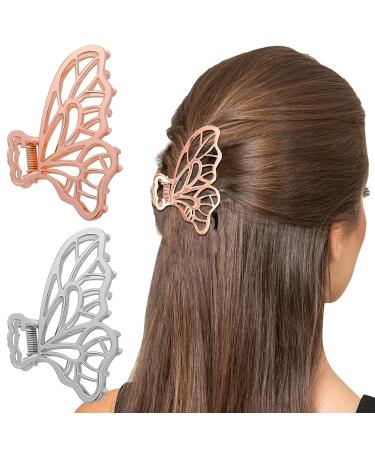 WLLHYF 2 Pcs Butterfly Hair Clips - Non-Slip Metal Claw Clips in Silver & Rose Gold for Women and Girls - Cute Fashion Hair Accessories - Buy Online on GoSupps.com
