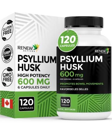 Renew Actives Psyllium Husk 1200MG per 2 Capsules Bulk-Forming Laxative & Soluble Fiber for Digestive Health Regularity & Adult Wellness Pure Ingredients Made in Canada 120 Capsules