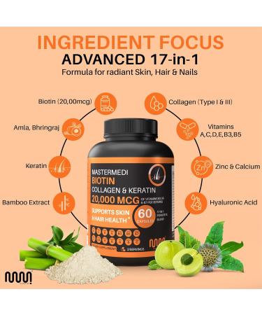 mastermedi Biotin 20 000mcg with Collagen Keratin & Hyaluronic Acid Hair Skin & Nail Support 60 Capsules 2-Month Supply Zinc Vitamins A E Bamboo & Amla Extract Non-GMO Gluten-Free - Buy Online on GoSupps.com