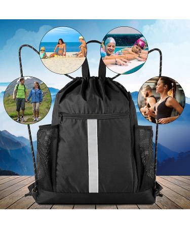 Drawstring Backpack Sports Gym Bag With Shoe Compartment and Two Water Bottle Holder Black 16" x 19.5" - Buy Online on GoSupps.com