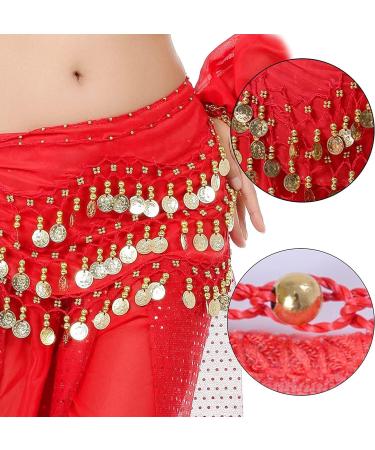 Womens Belly Dance Hip Scarf & Chiffon Towel - Red Coin Belt Costume with Sequins | International Shipping - Buy Online on GoSupps.com