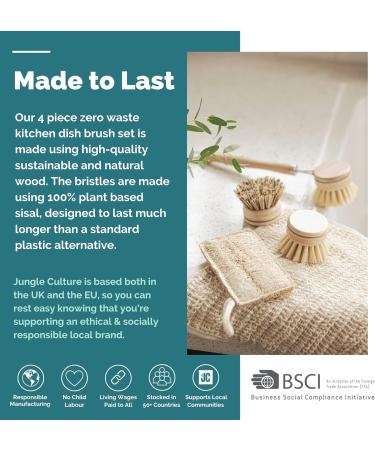 Jungle Culture Eco-Friendly Bamboo Dish Brush Set - 4 Piece Kitchen Cleaning Brushes with 3 Replacement Heads - Long Handle Wooden Brush for Pans, Plates, and Dishes - Buy Online on GoSupps.com