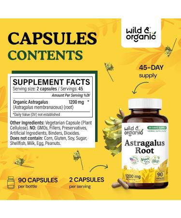 Wild & Organic Astragalus Capsules 1200 mg - Immune Support - Astragalus Root Powder Supplement - 45 Days of Supply - Vegan No Fillers Non-GMO - 90 Count 90 Count (Pack of 1) - Buy Online on GoSupps.com