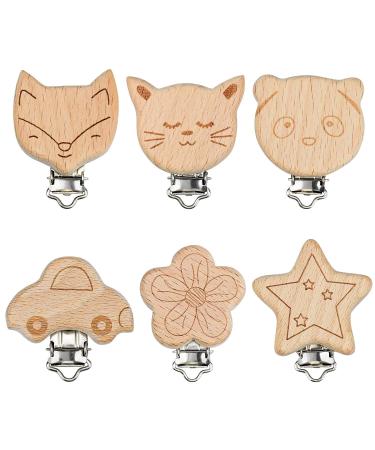 Karaa 6 piece pacifier clip baby pacifier chains clip nuckel clip made of wood pacifier clips safe nuckel clip nipple holder panda cat flower fox star car design