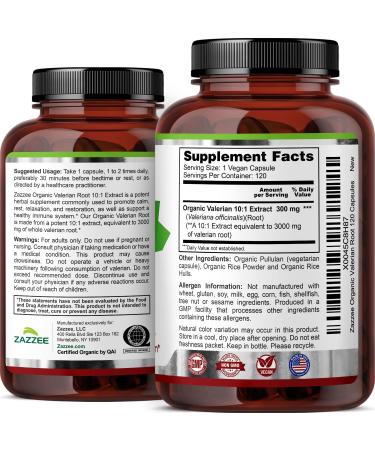 Zazzee USDA Organic Valerian Root 10:1 Extract 3000 mg Strength 120 Vegan Capsules 4 Month Supply Valeriana officinalis 10X Potency 100% Vegetarian All-Natural Non-GMO Made in The USA - Buy Online on GoSupps.com