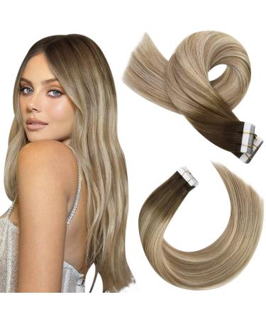 Moresoo Tape in Hair Extensions Real Human Hair Balayage Blonde Tape Hair Extensions Dark Brown to Chestnut Brown with Medium Blonde Hair Extensions Tape in 18 Inch 20 Pieces/50g #3/8/22 18 Inch #3/8/22