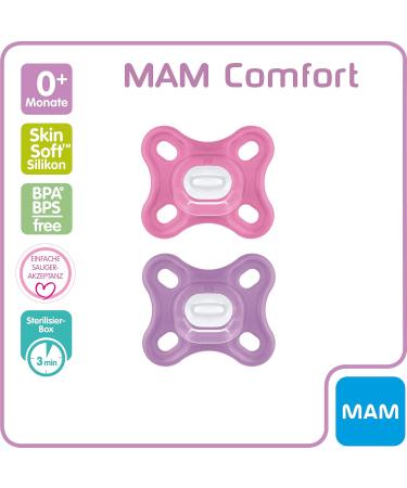 MAM Comfort Schnuller 2 Set | Lightweight Silicone Pacifiers for Newborns | 0+ Months | Pink/Purple | Soft MAM Skinsoft & Pacifier Box - Buy Online on GoSupps.com