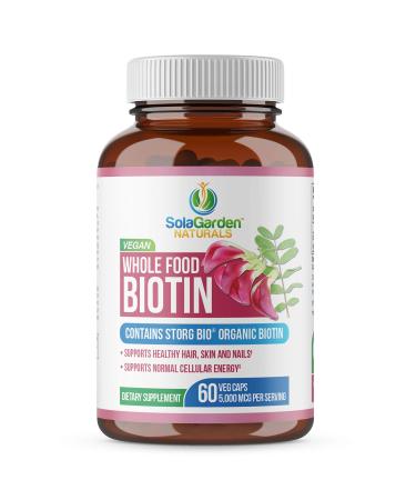 Whole Food Biotin Supplement - Contains Certified Organic Plant Based Biotin from Sesbania Agati Trees - by SolaGarden Naturals. May Support Hair Skin and Nails. 60 Non GMO Veggie Capsules.