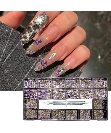 SUJOSAJU Multi Shapes AB Crystal Nail Art Rhinestones Kit Crystal Rhinestones for Nails Multi Size Nail Art AB Rhinestone Kit for Professional and Home DIY Use