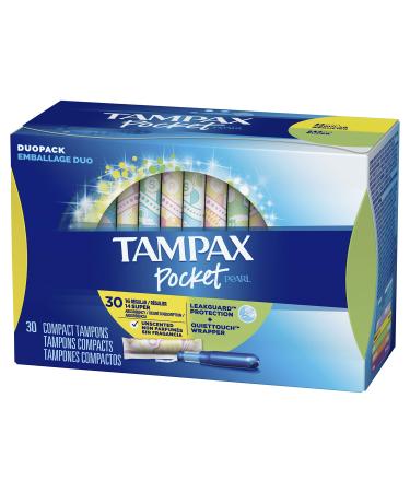 Tampax Pocket Pearl Plastic Tampons, Duopack (Regular/Super Absorbency), Unscented, 30 Count (Packaging May Vary) 30 Count (Pack of 1) Regular/Super Mutlipack