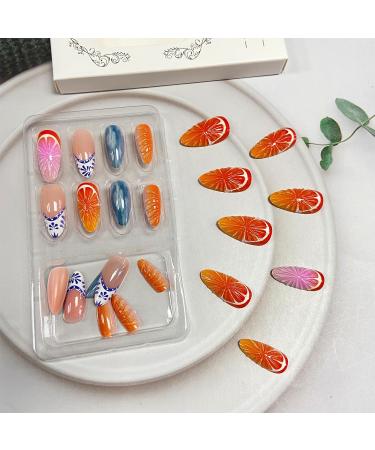 3D Oranges Press-On Nails | Medium Almond Summer Fruit Fake Nails | Full Cover Acrylic French Tip - 24 Pcs for Women - Buy Online on GoSupps.com