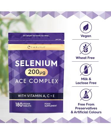 Selenium ACE 200mcg | with Vitamin A C and E | 180 Vegan Tablets | High Strength Selenium Supplement | Essential Trace Mineral | Carlyle - Buy Online on GoSupps.com
