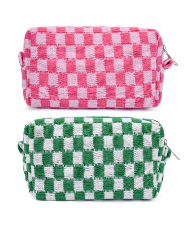 SOIDRAM 2 Pieces Makeup Bag Checkered Cosmetic Bag Pink Green Makeup Pouch Travel Toiletry Bag Organizer Cute Makeup Brushes Storage Bag for Women Girls Green & Rose red