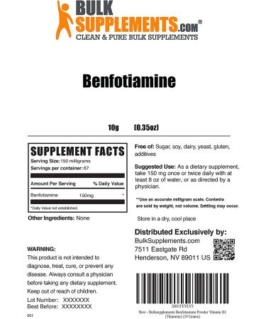 Benfotiamine 150mg Powder - Nerve Support Supplement - Vitamin B1 Thiamine - BulkSupplements.com - 10g (0.35oz - Buy Online on GoSupps.com